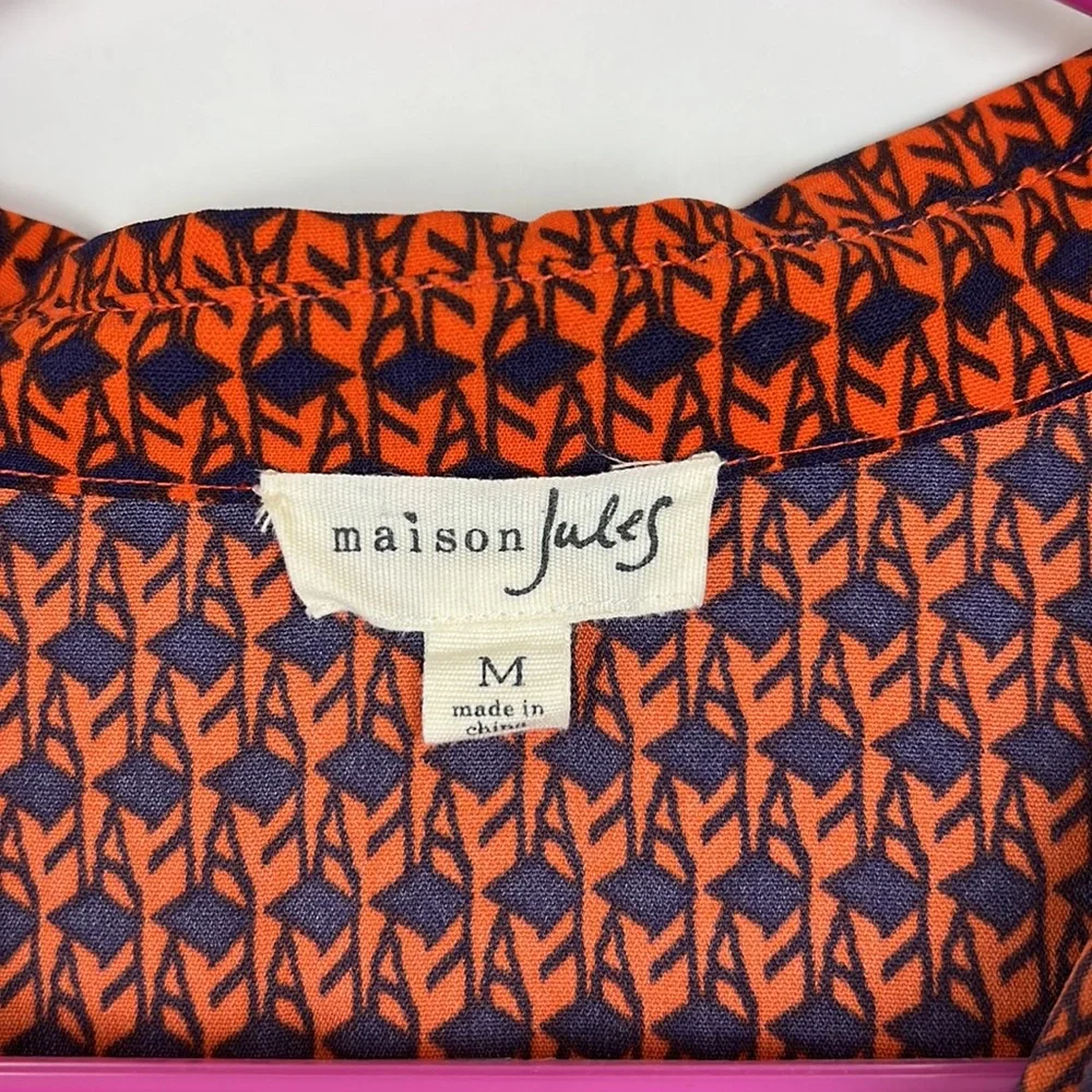 MAISON JULES button down shirt dress roll tab collared orange and navy M - Picture 9 of 13